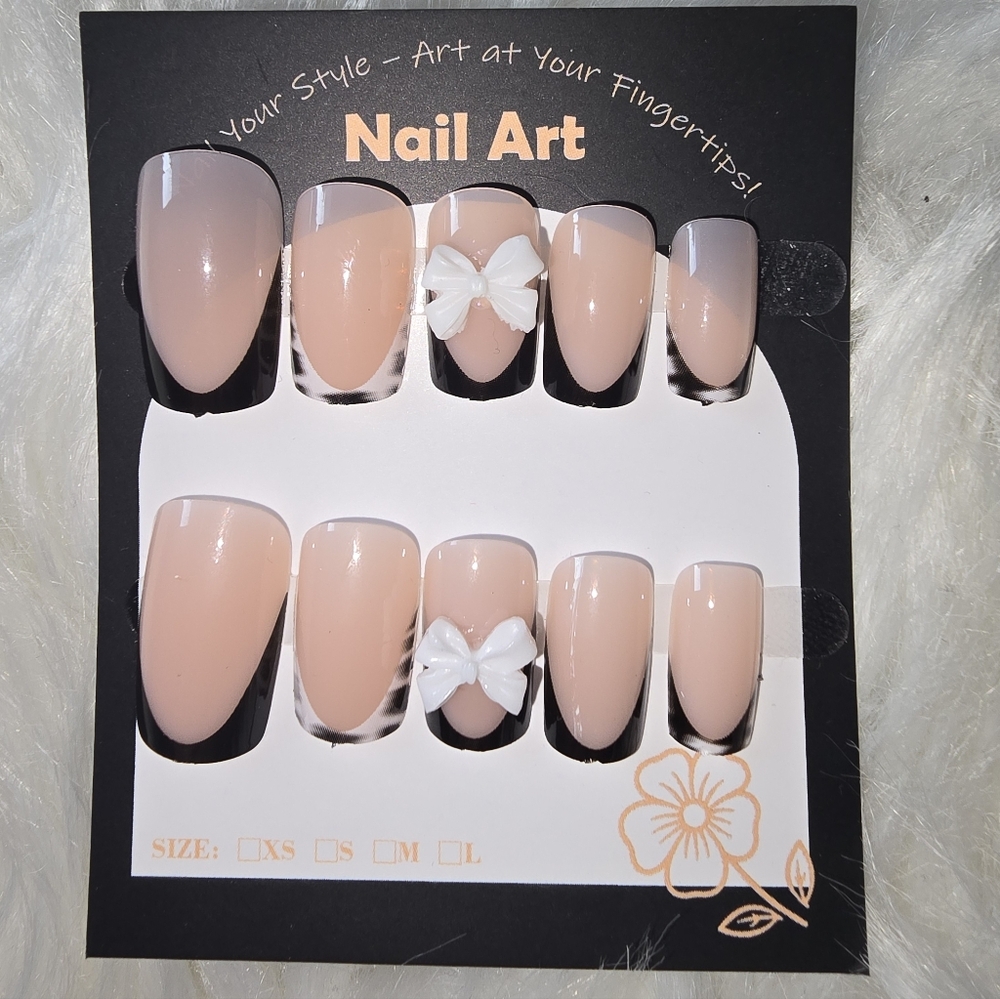 Elegant Nude Press-On Nails with White Bow Accents